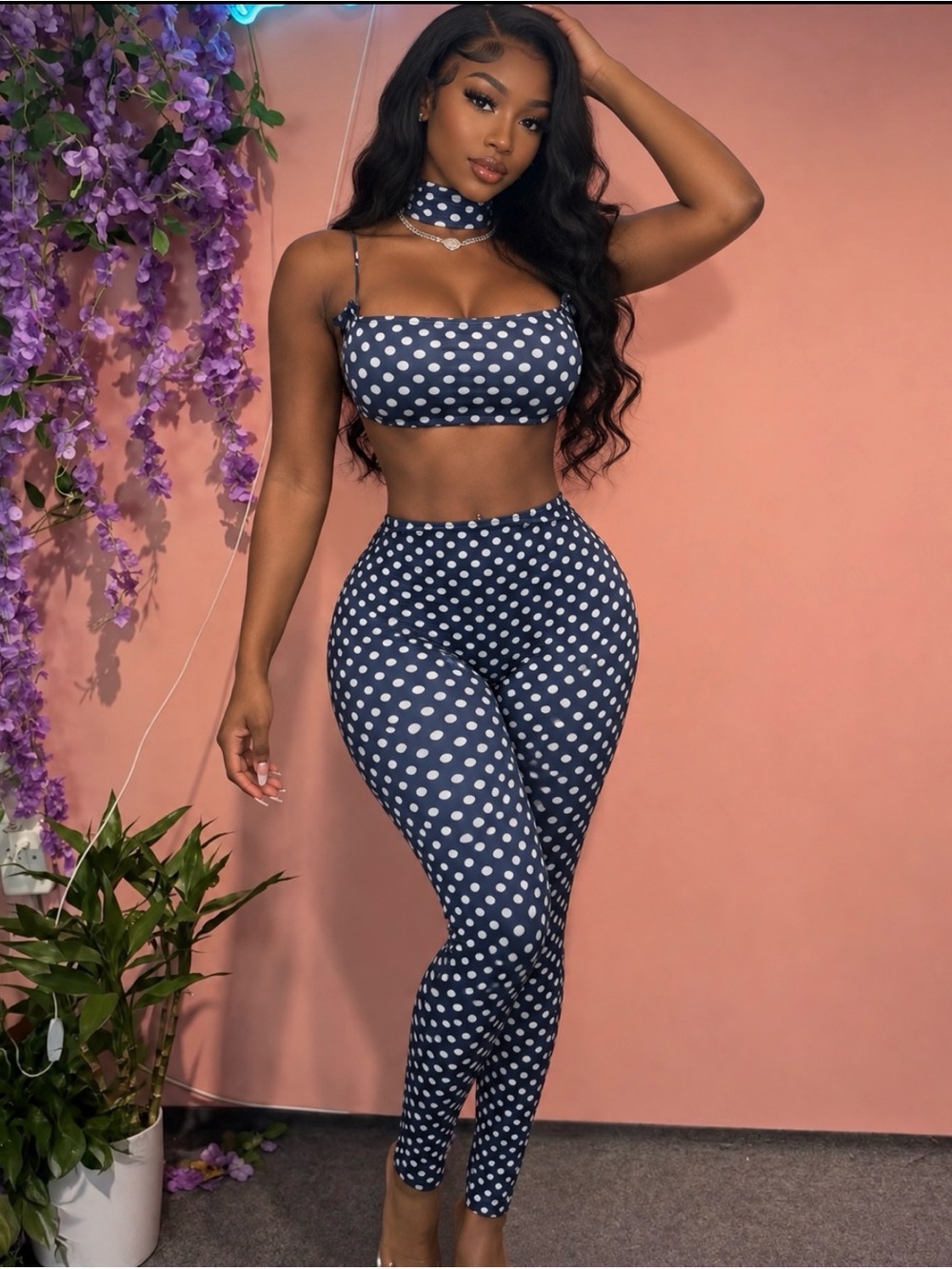 Polka Dot Navy Two-Piece Crop Top & High-Waist Leggings Set - Picture 1 of 4